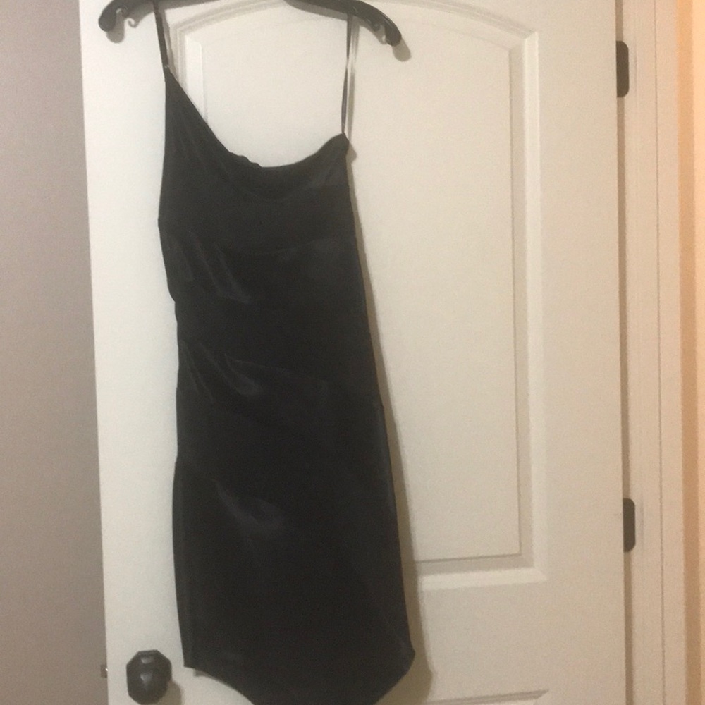 Black satin one shoulder dress